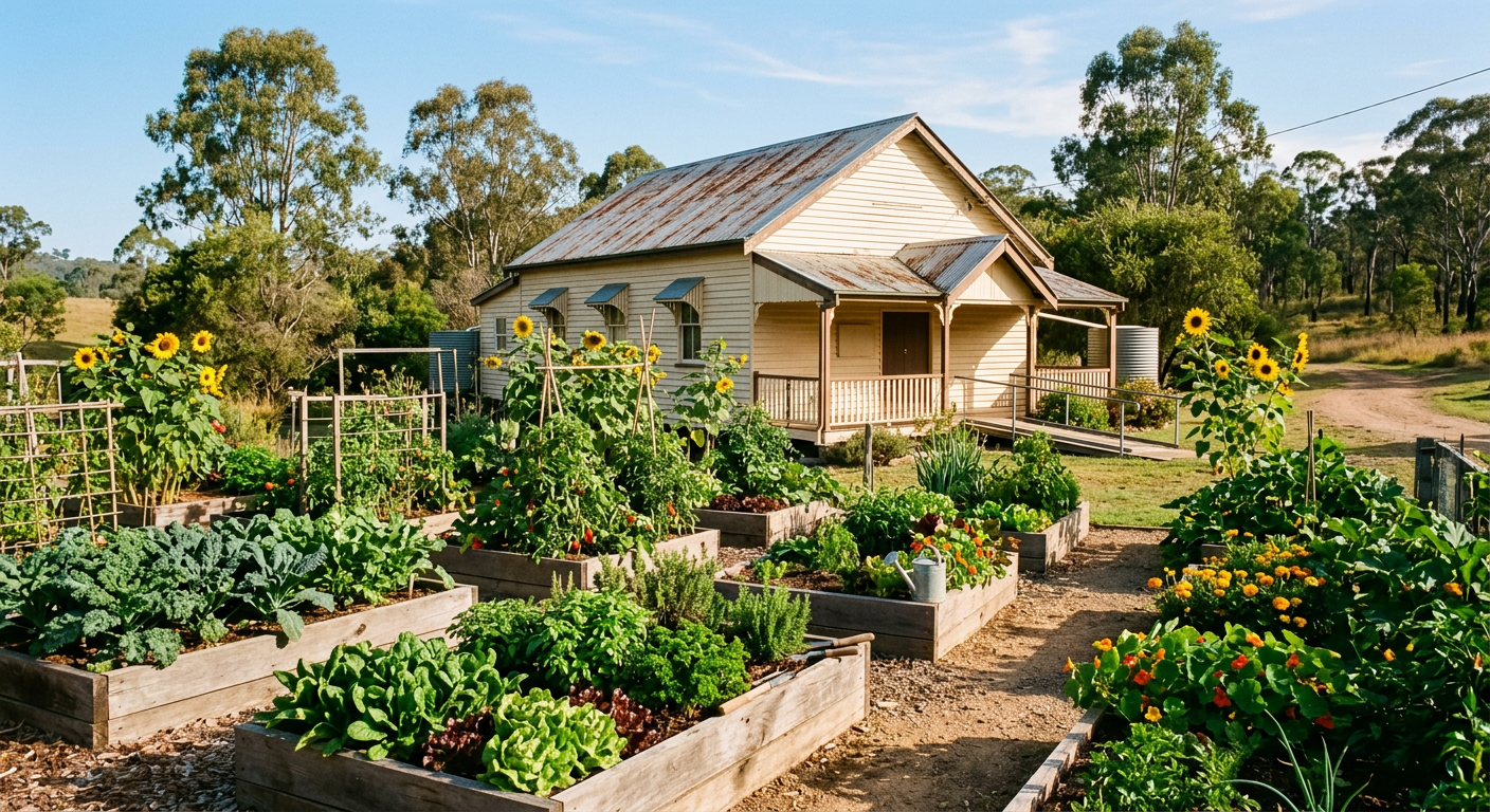 Community vegetable garden with raised timber beds beside a rural hall