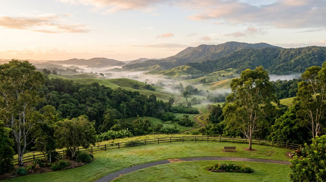Green rolling hills and rainforest on the Atherton Tablelands in morning light
