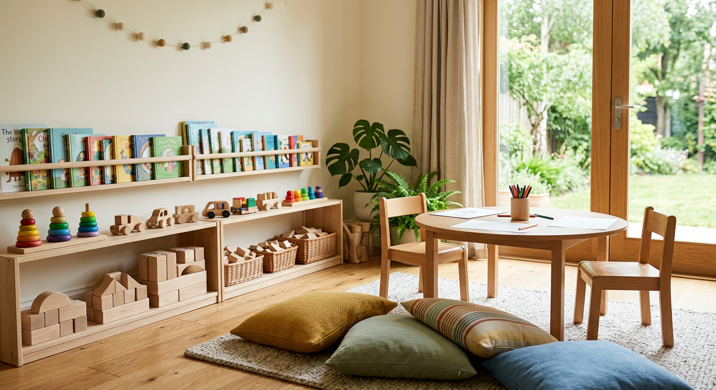 Bright playroom with wooden blocks, picture books and a small table
